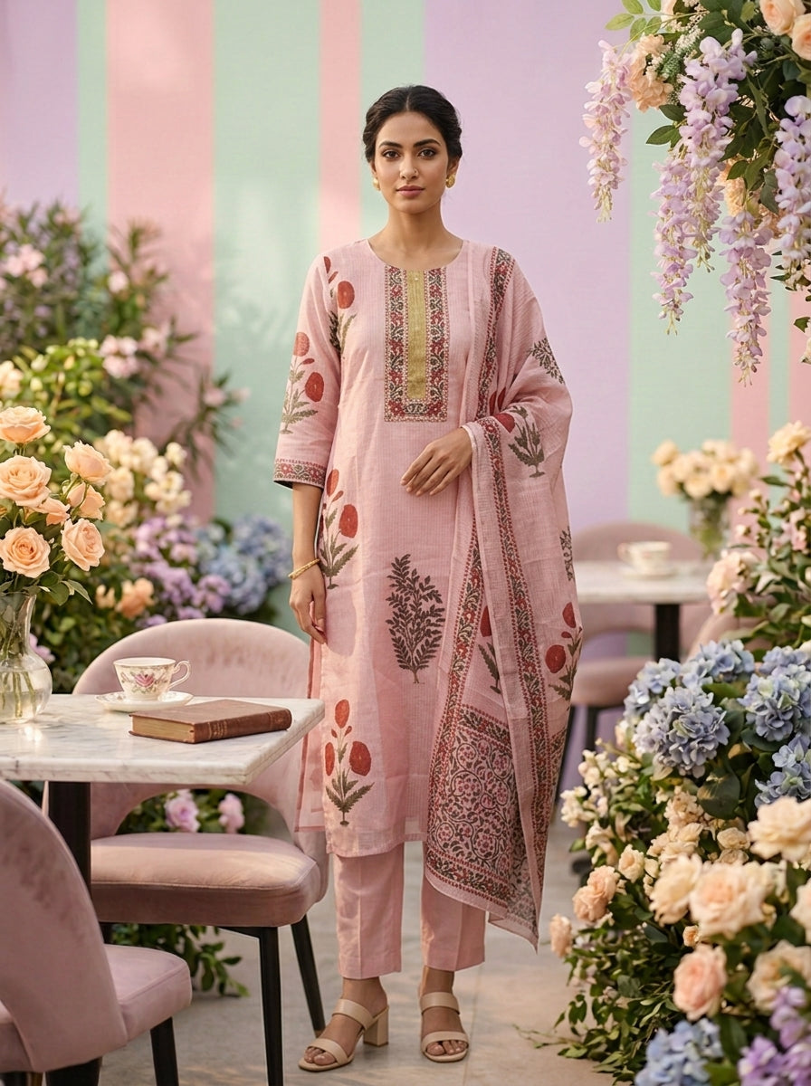 Baby Pink Cotton Floral Printed Three Piece Set