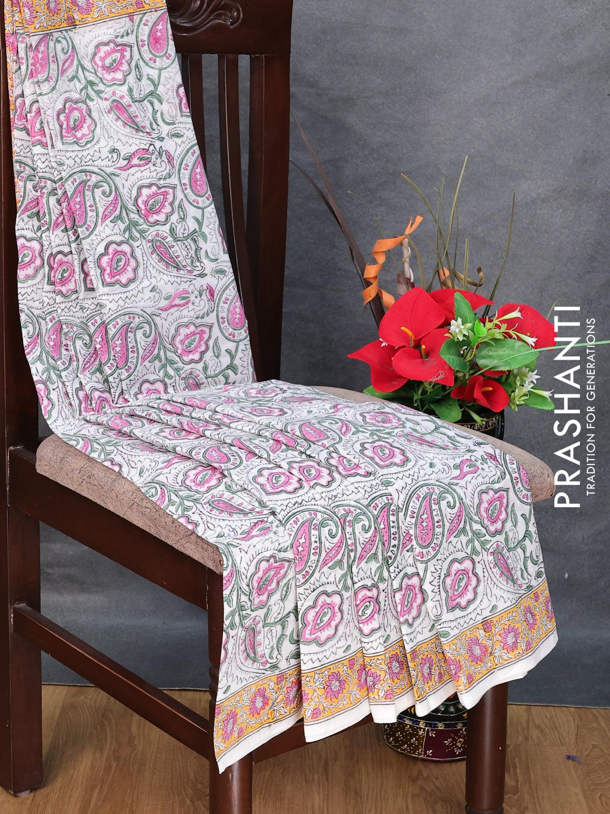 Jaipur cotton saree off white and yellow with allover prints and print –  Cherrypick