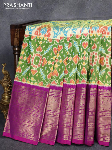 Pochampally silk saree pale yellow and purple with allover ikat weaves and long annam zari woven border