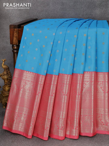 Pure gadwal silk saree light blue and light pink with allover silver & gold zari woven buttas and long silver zari woven border