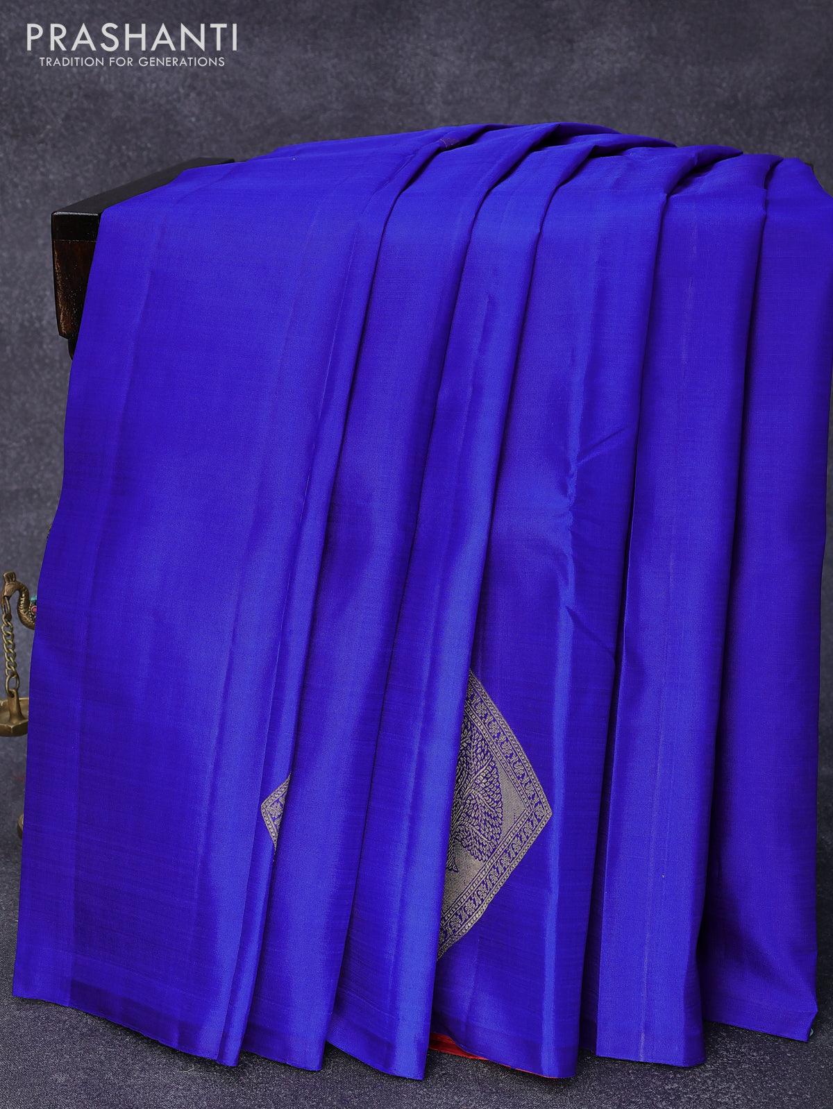 Pure kanjivaram silk saree blue and red with zari woven geometric buttas in borderless style