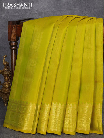 Pure kanjivaram silk saree lime green and dual shade of bluish green with allover zari weaves and temple zari woven border