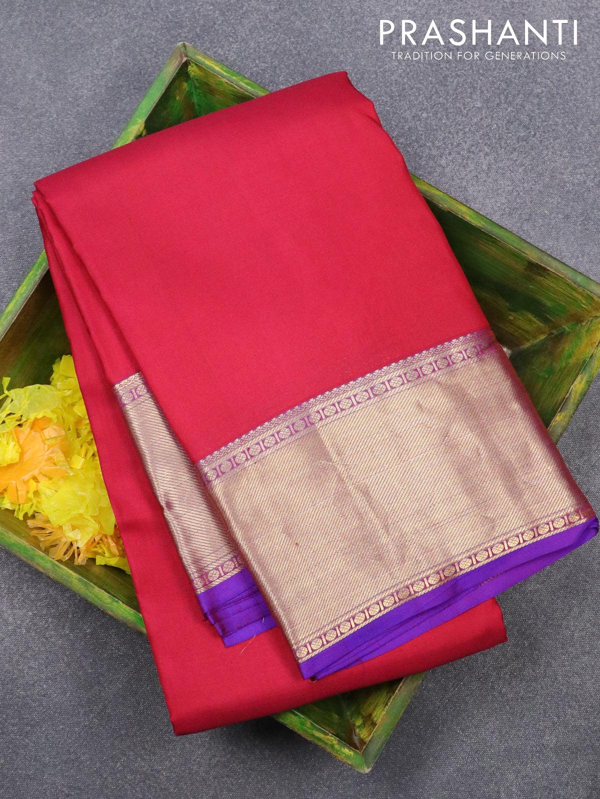 Pure kanjivaram silk saree maroon and dual shade of purple with plain body and zari woven bavanji border