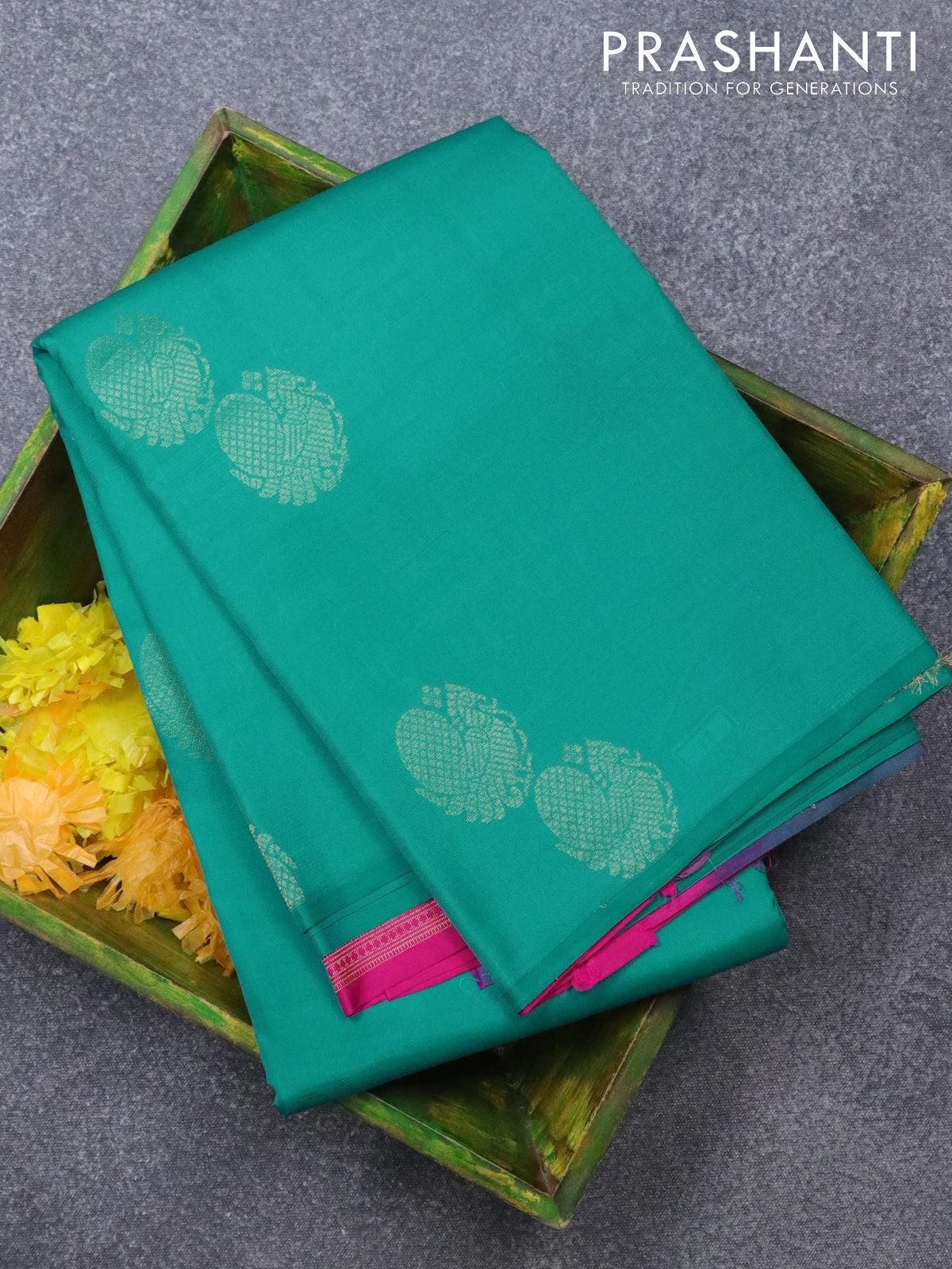 Pure kanjivaram silk saree teal blue and pink with zari woven annam buttas in borderless style