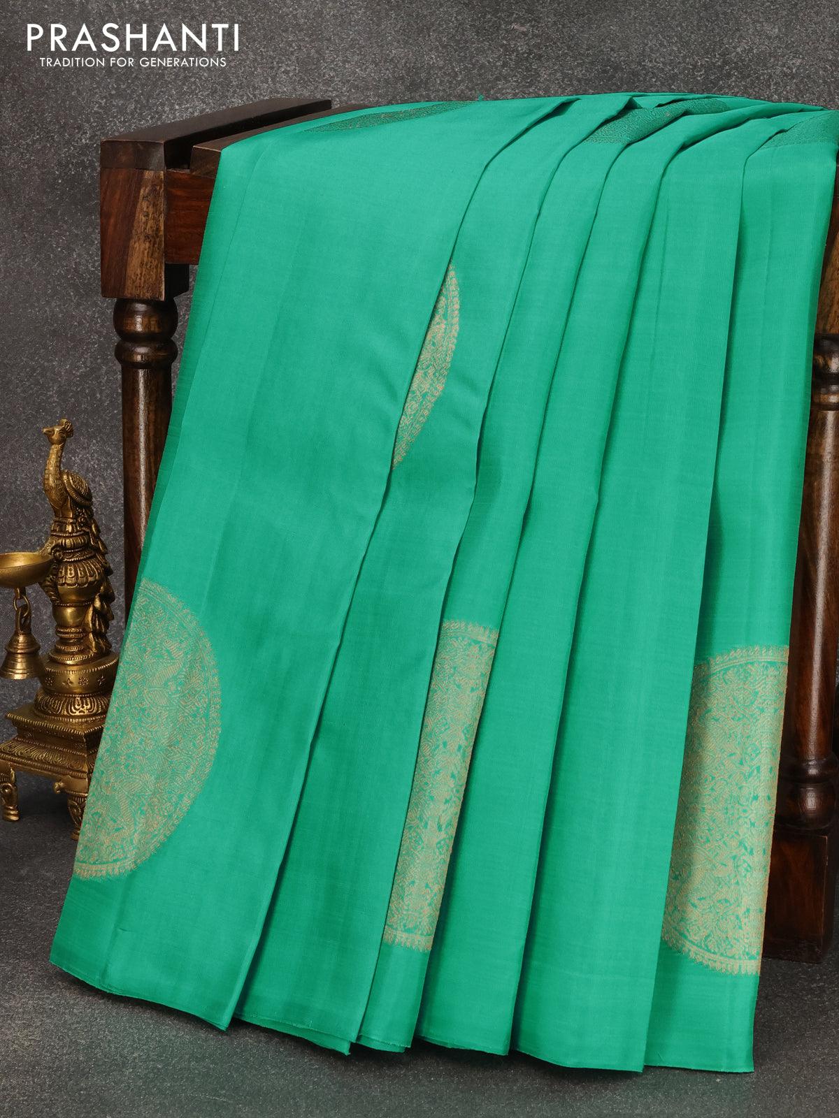 Pure kanjivaram silk saree teal green and red with zari woven buttas in borderless style