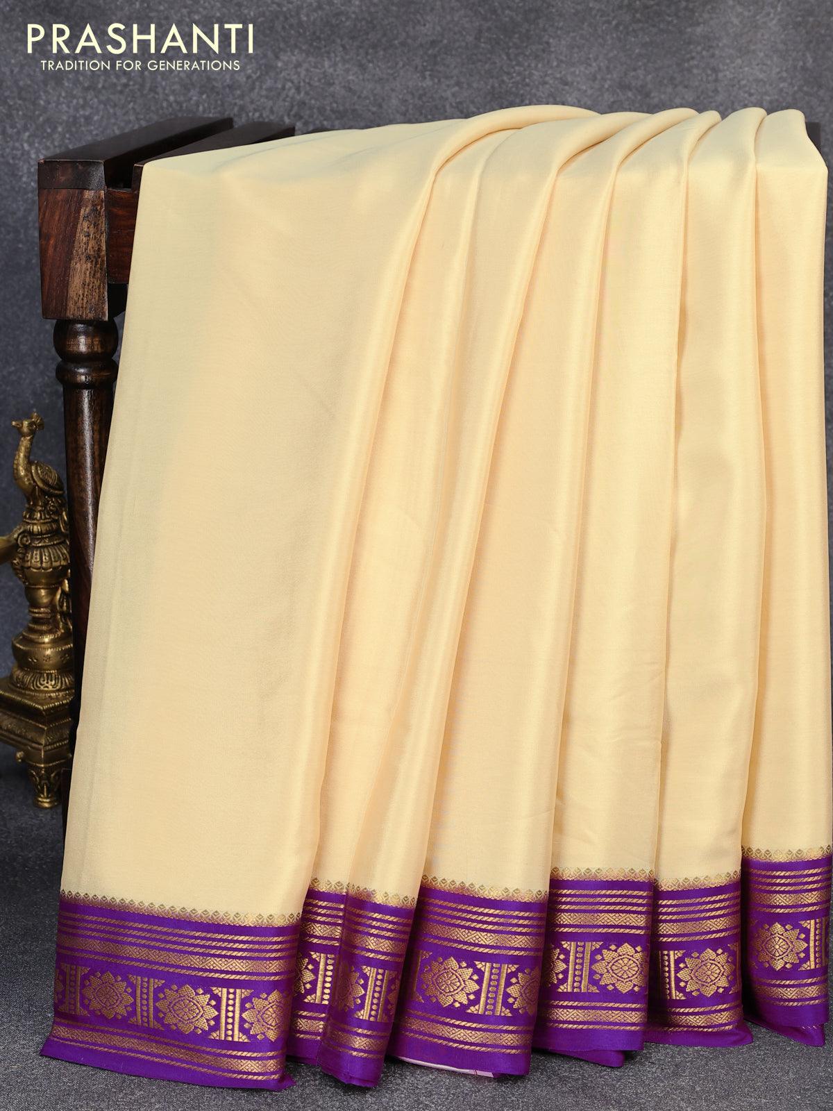 Pure mysore silk saree cream and purple with plain body and zari woven border