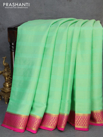 Pure mysore silk saree green shade and pink with allover zari woven stripes pattern and zari woven border