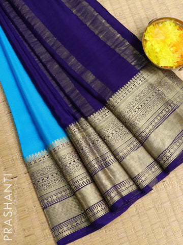 Pure mysore silk saree light blue and blue with plain body and long zari woven border