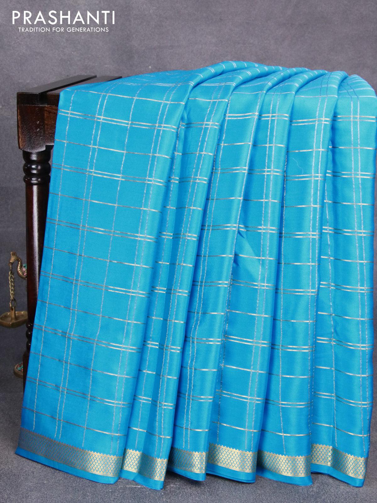 Pure mysore silk saree light blue with allover zari checked pattern and zari woven border