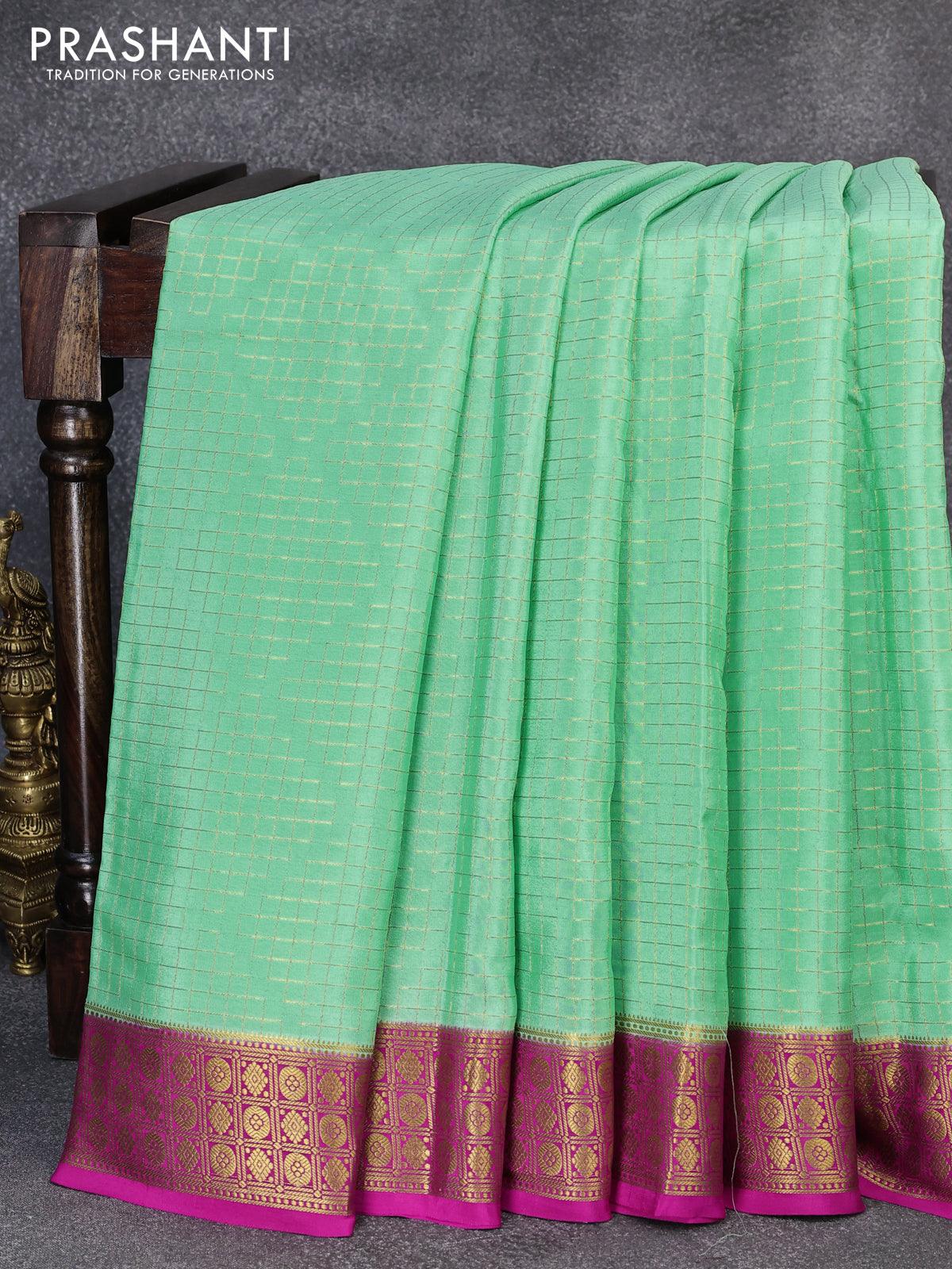 Pure mysore silk saree pista green and pink with allover zari woven geometric weaves and zari woven border