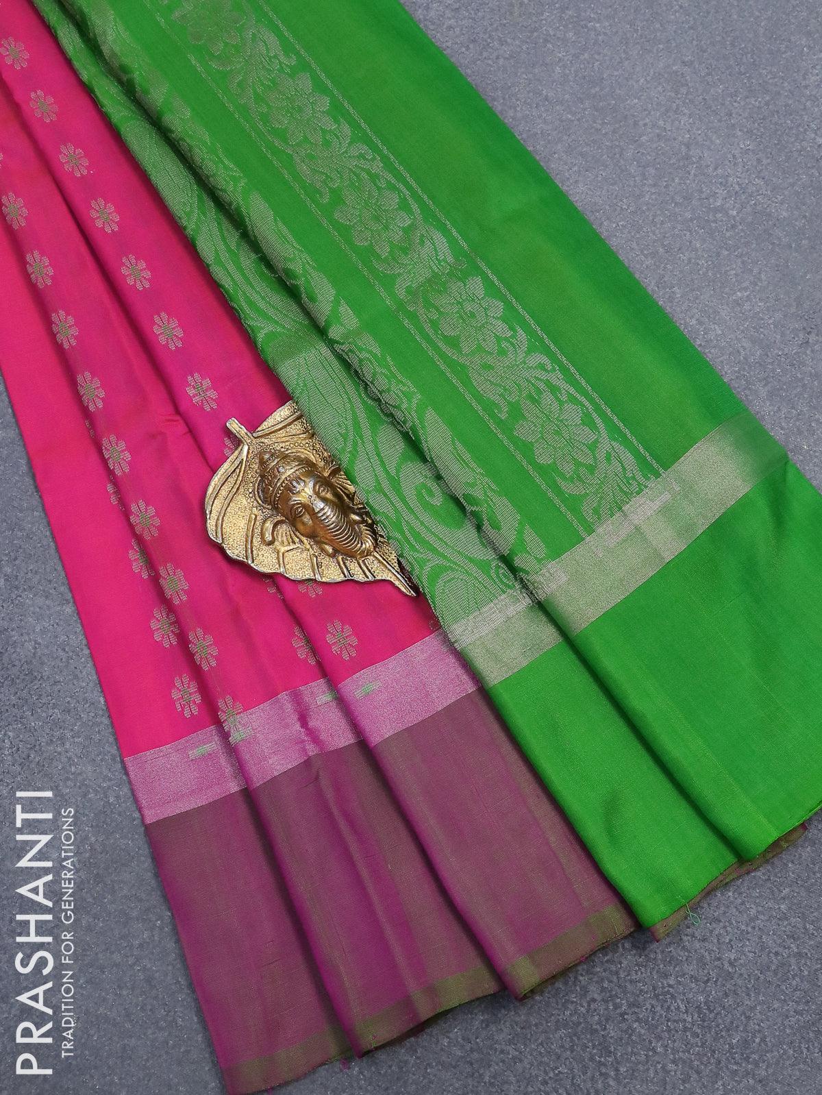 Pure uppada silk saree dual shade of pink and light green with silver zari woven floral buttas and silver zari woven simple border