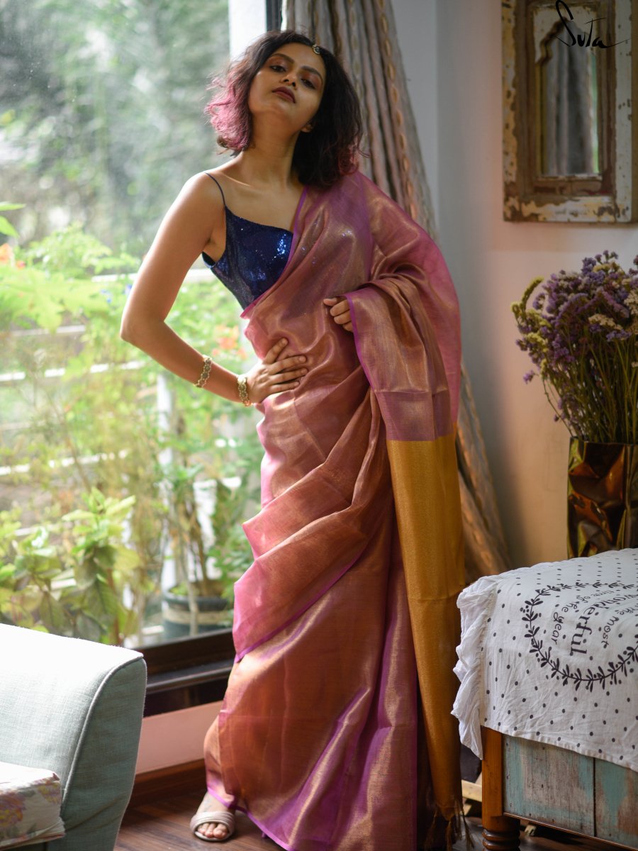 Linen Zari Pink Golden Saree With Blouse Piece, Raga Abhogi