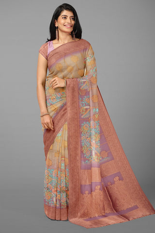 BEIGE and LIGHT PURPLE BOTANICAL PRINT BHAGALPURI SILK Saree with BANARASI FANCY