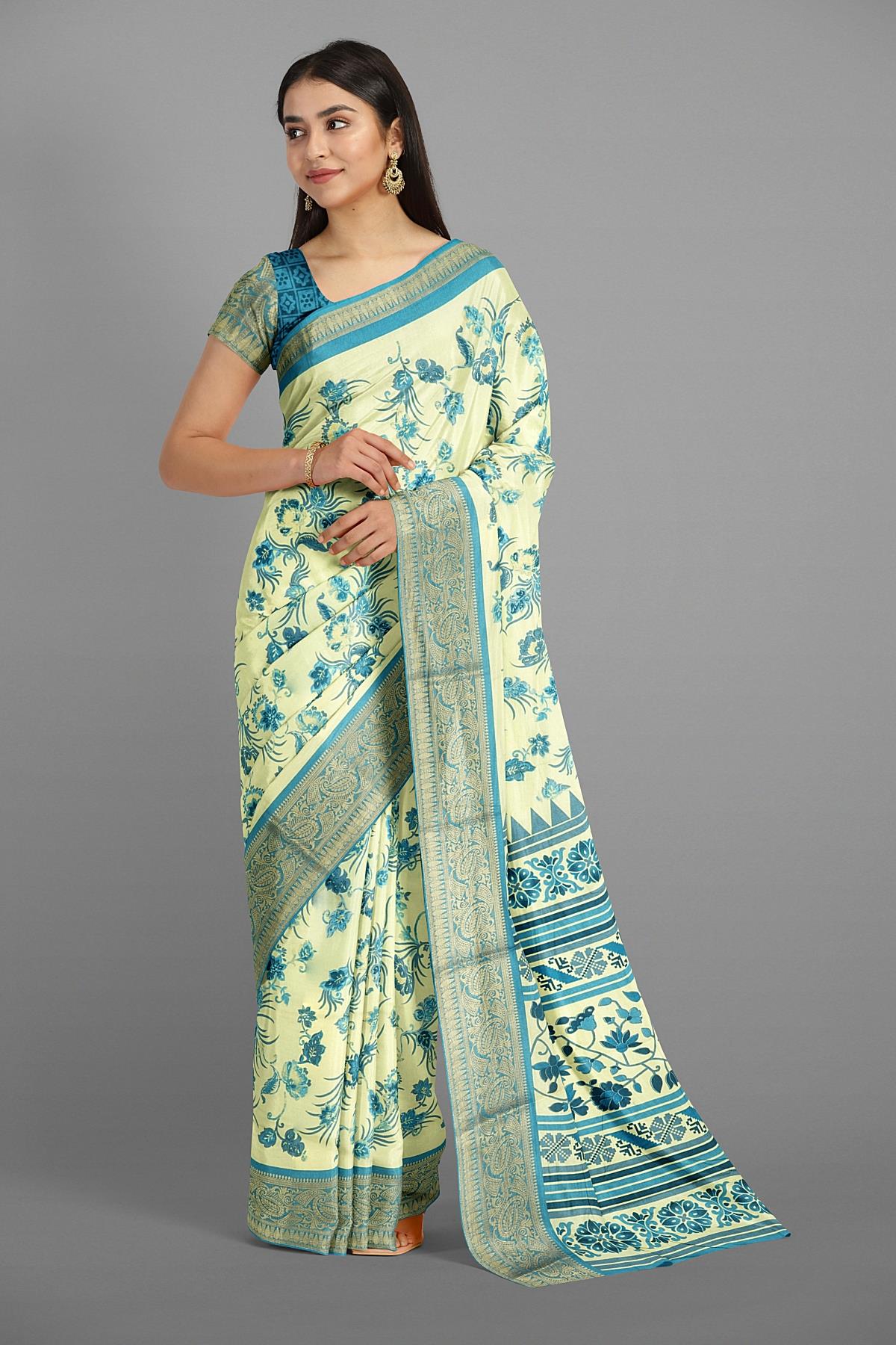 CREAM and BLUE FLORALS SILK Saree with FANCY