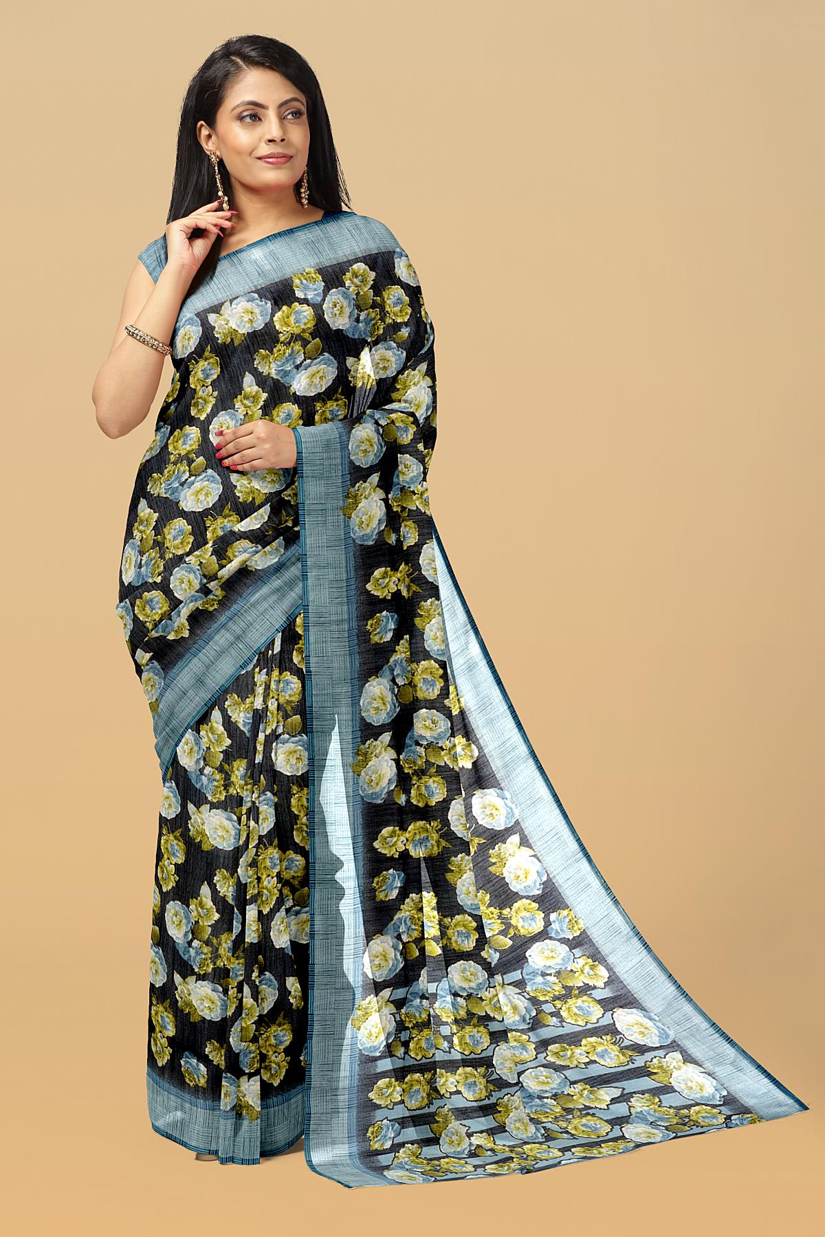 MULTI and BLACK FLORALS LINEN Saree with FANCY