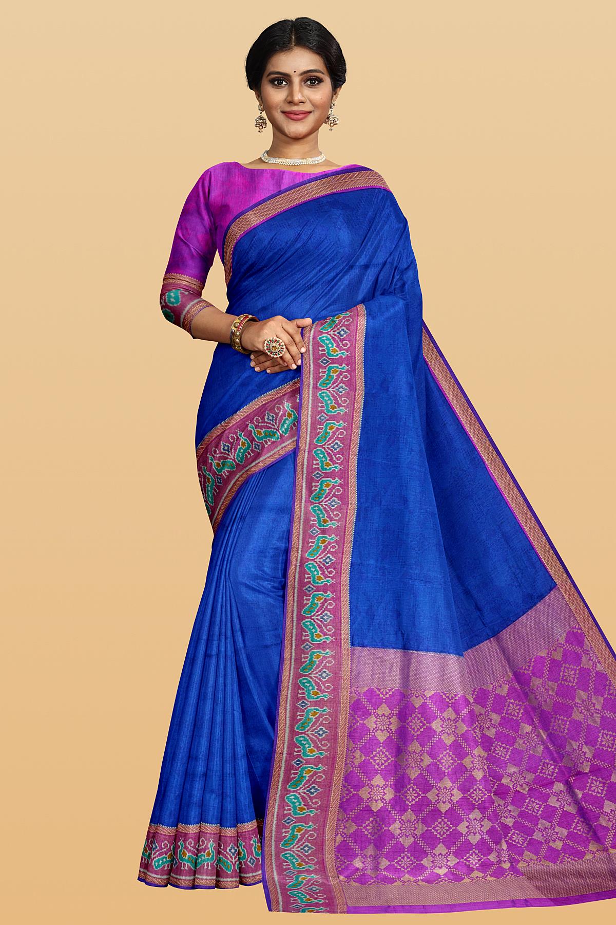 ROYAL BLUE and PURPLE IKKAT PRINT SILK Saree with IKAT