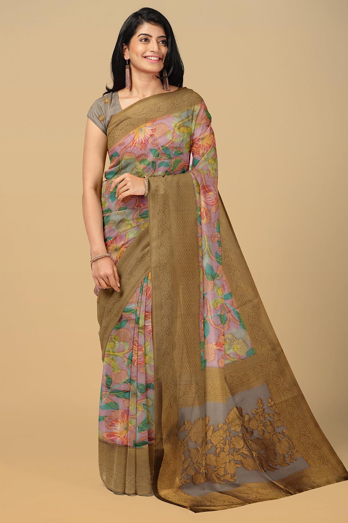 LIGHT PURPLE and BEIGE FLORALS SILK Saree with BANARASI FANCY