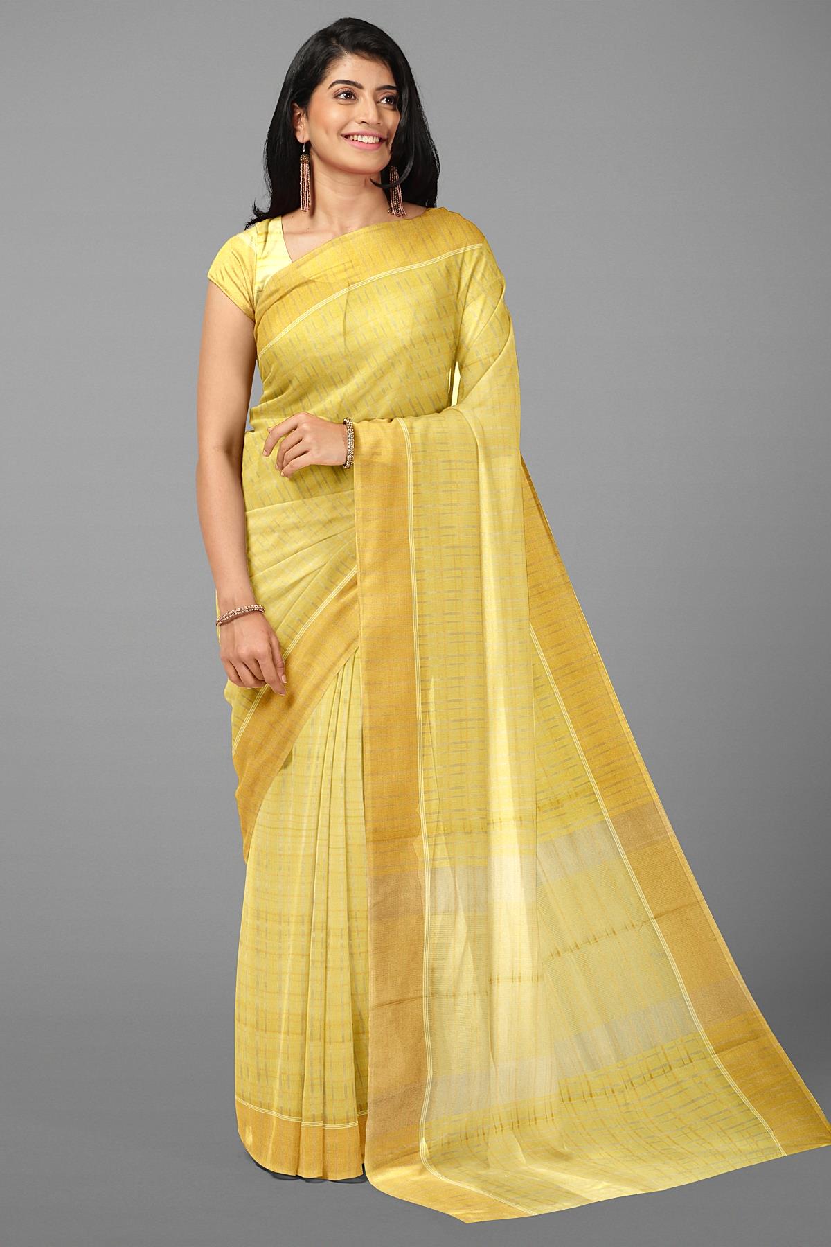 LIGHT YELLOW and GOLD CHECKS TISSUE KOTA Saree with BANARASI FANCY