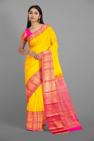 YELLOW and PINK BROCADE SILK Saree with KANCHIPURAM