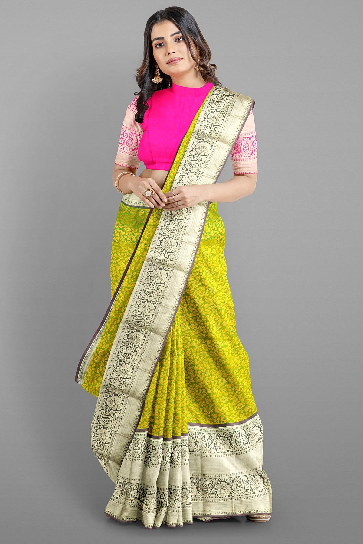 LIGHT GREEN and PINK BROCADE SILK Saree with KANCHIPURAM