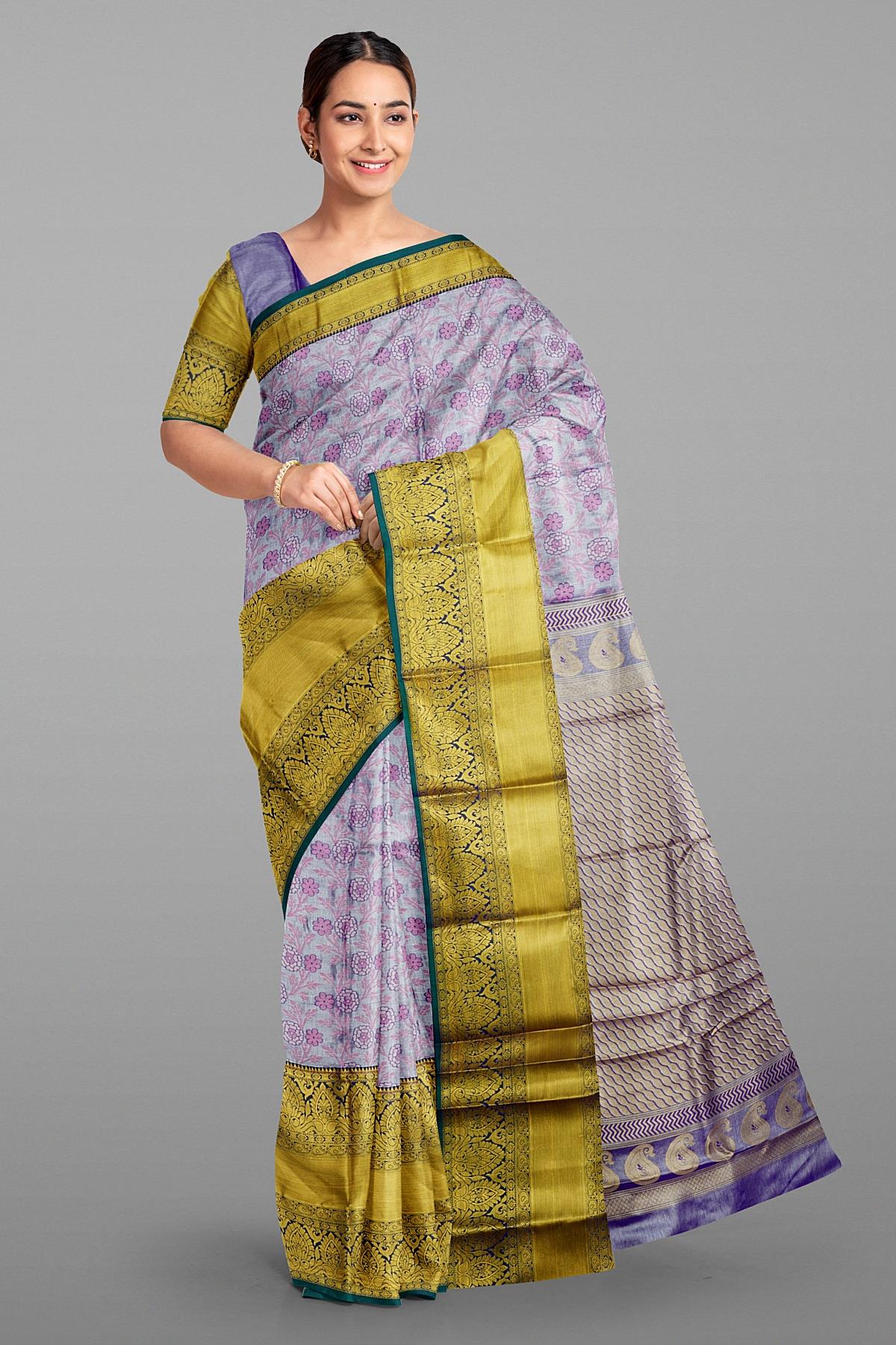 VIOLET and TEAL BROCADE SILK Saree with KANCHIPURAM