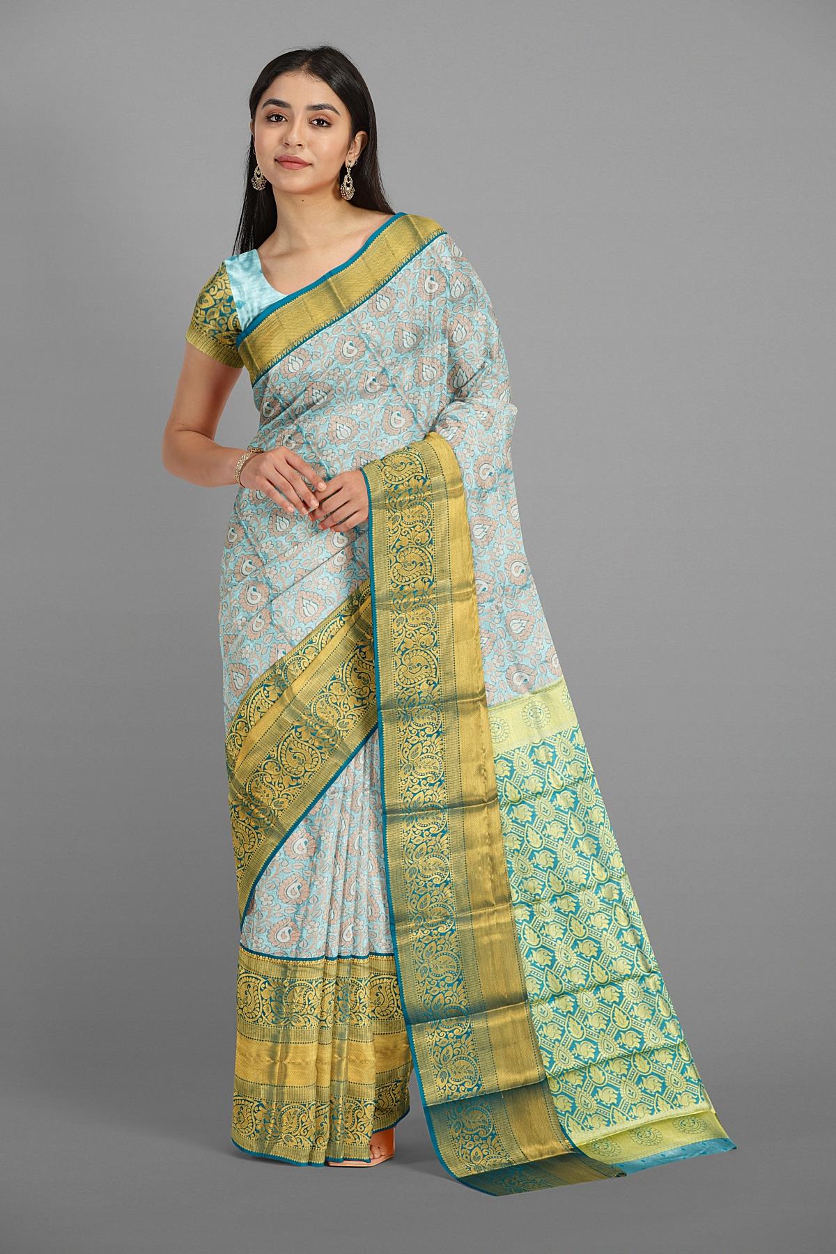 SEA GREEN and SILVER BROCADE SILK Saree with KANCHIPURAM