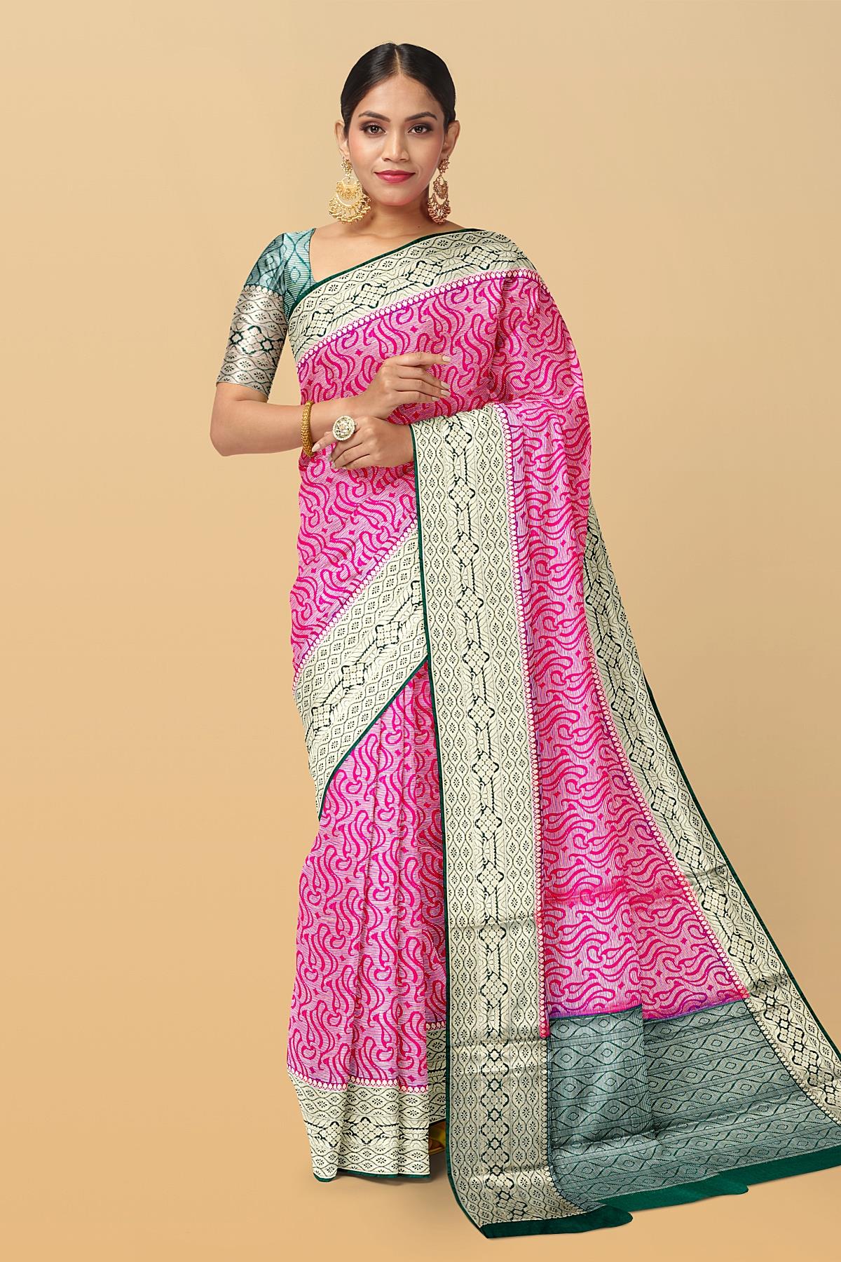 MAGENTA and DARK GREEN BROCADE JALL KATHAN SILK Saree with BANARASI FANCY