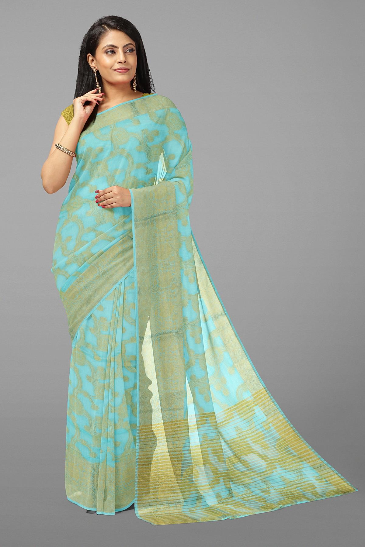 LIGHT BLUE and GOLD JARI BY JARI CHANDERI COTTON Saree with BANARASI FANCY