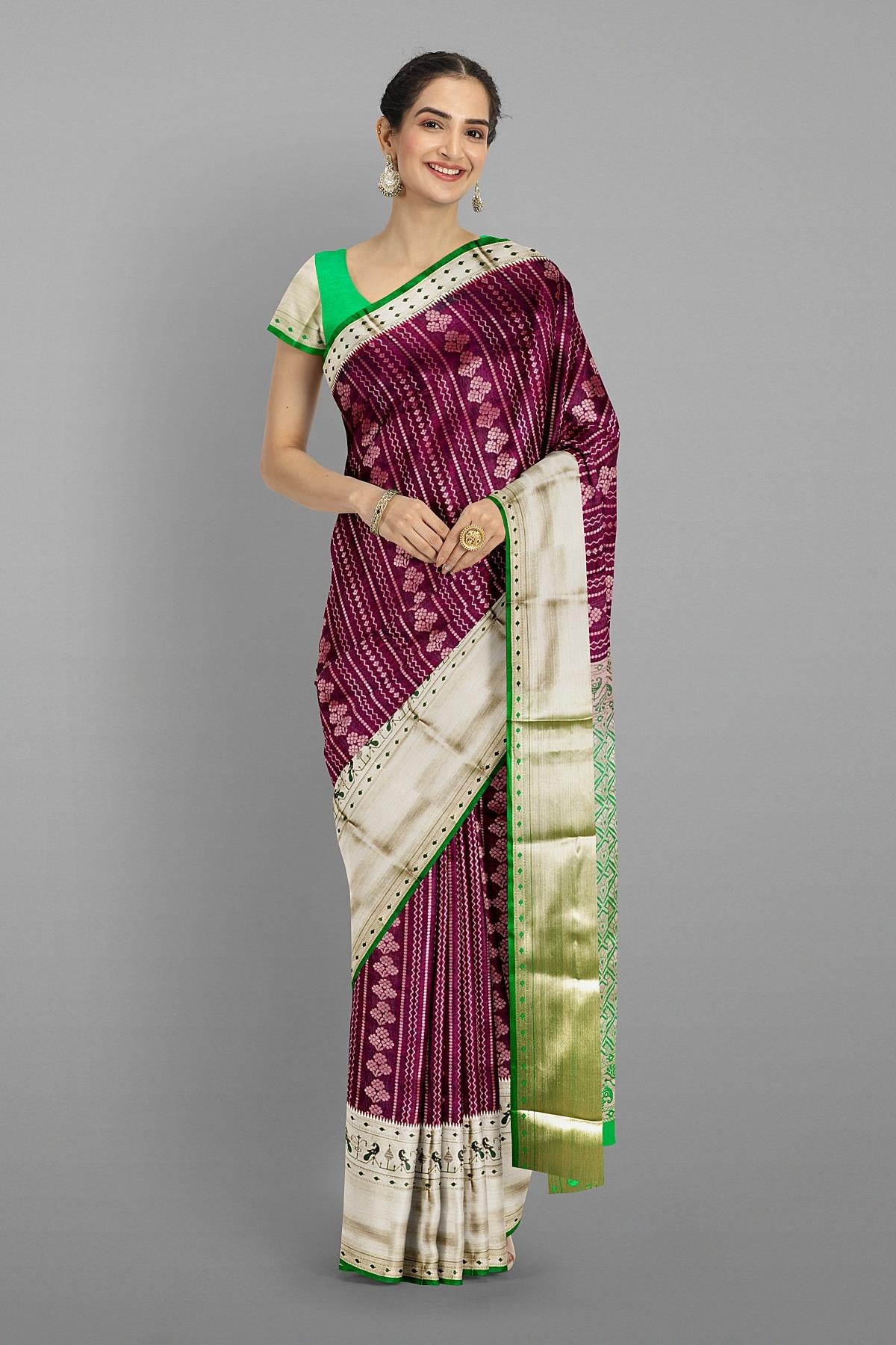 PURPLE and DARK GREEN FLORAL JAAL SILK Saree with BANARASI FANCY