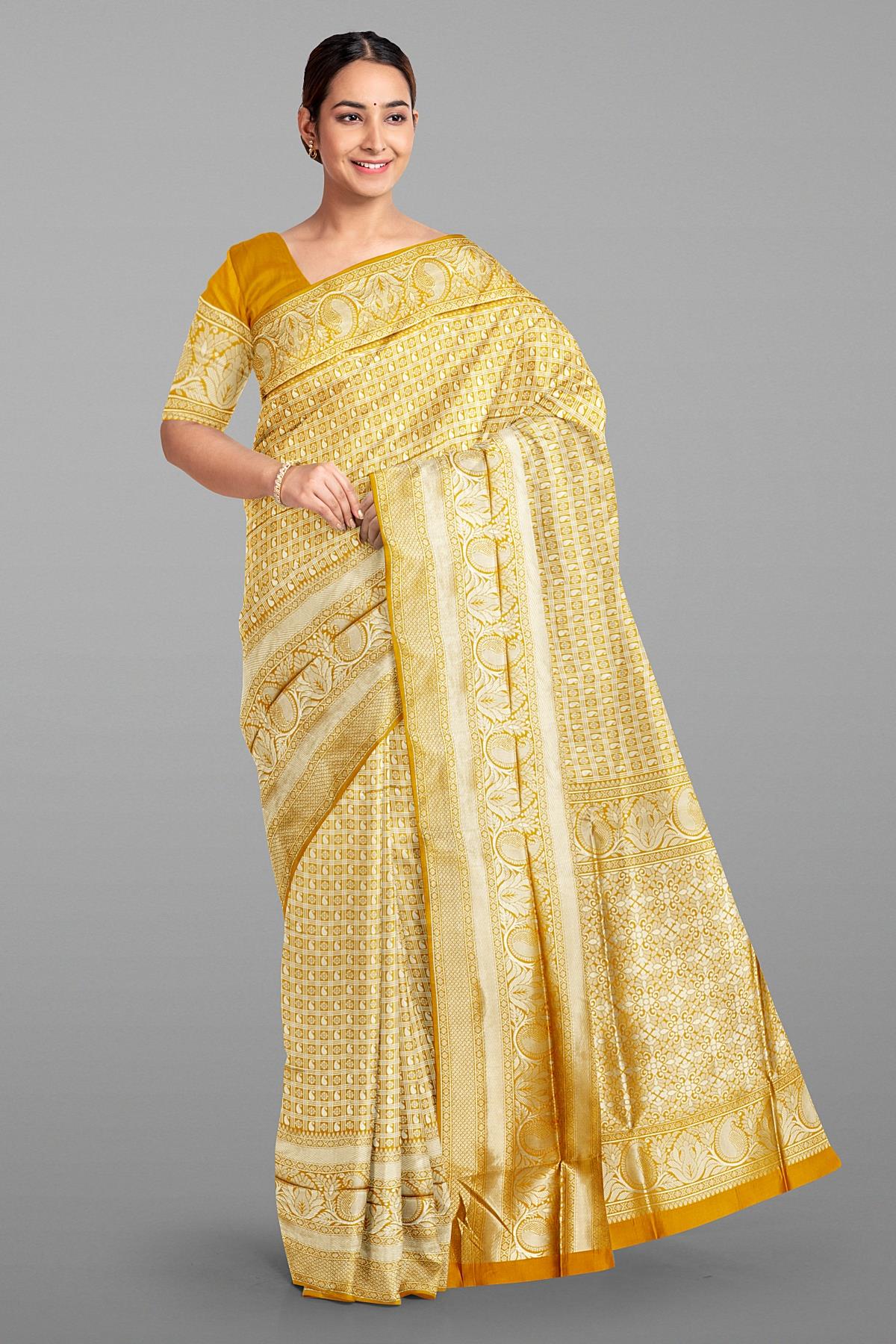 MUSTARD and SILVER CHECKS AND BUTTIS SILK Saree with BANARASI FANCY