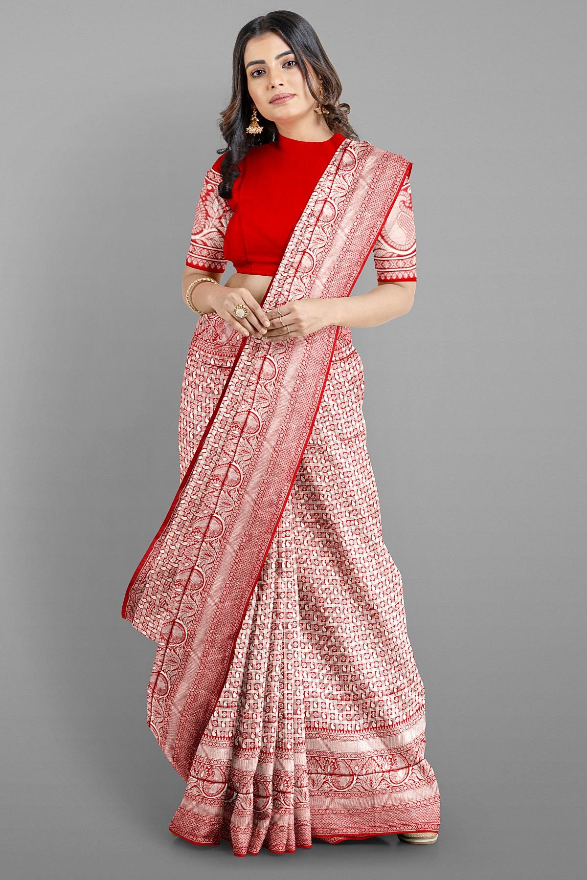 RED and SILVER CHECKS AND BUTTIS SILK Saree with BANARASI FANCY