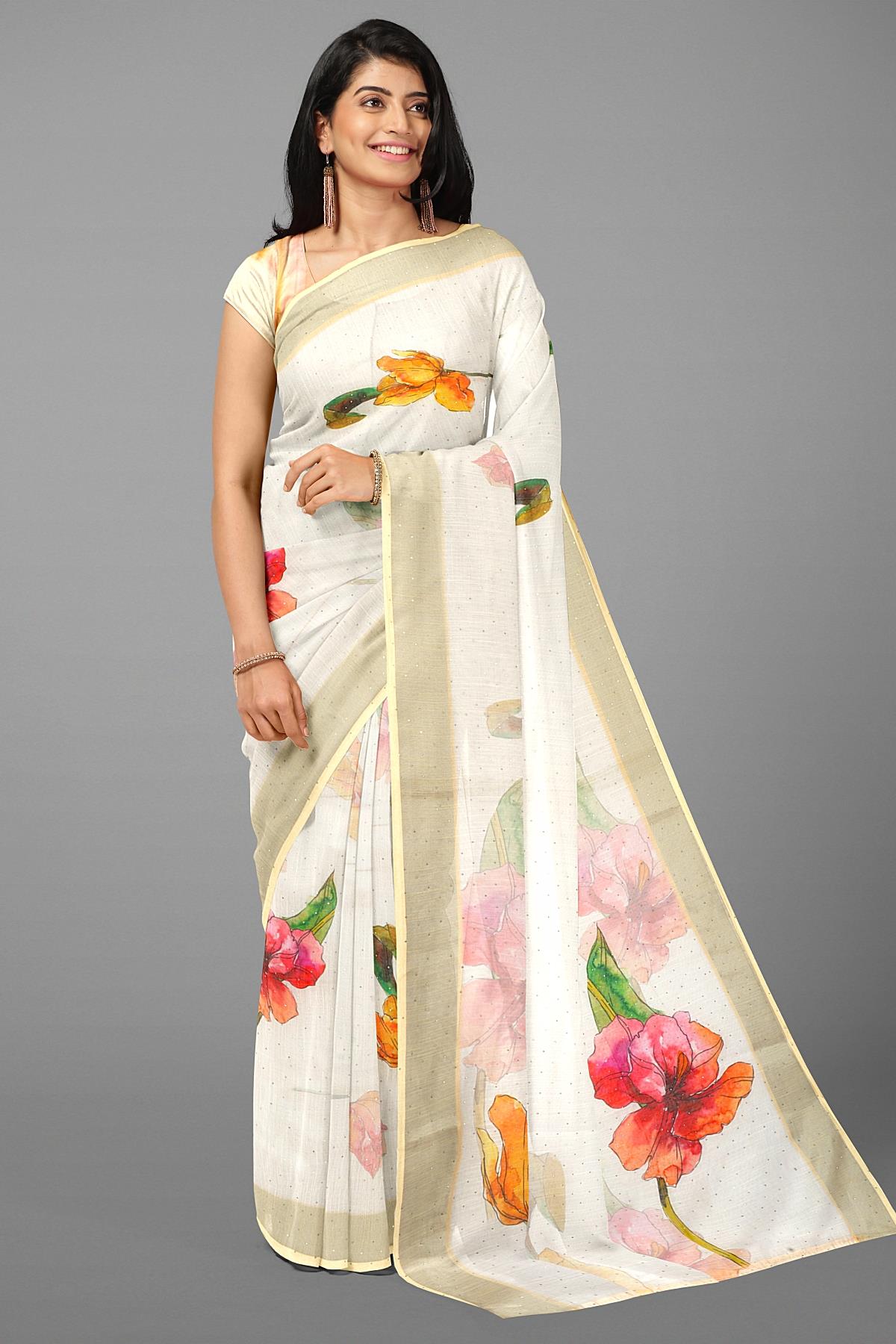 WHITE and LIGHT YELLOW FLORALS LINEN Saree with FANCY