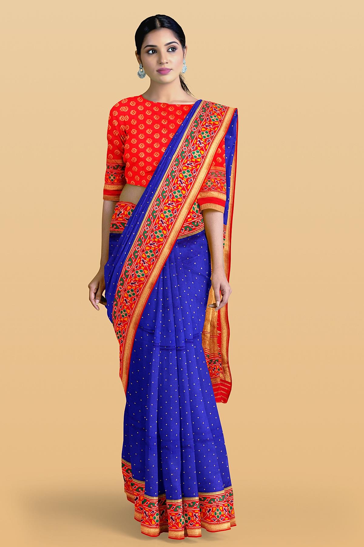 ROYAL BLUE and RED BUTTIS SILK Saree with BANARASI