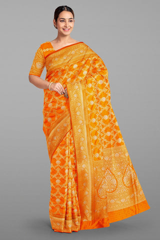 ORANGE and GOLD FLORAL JAAL SILK Saree with BANARASI