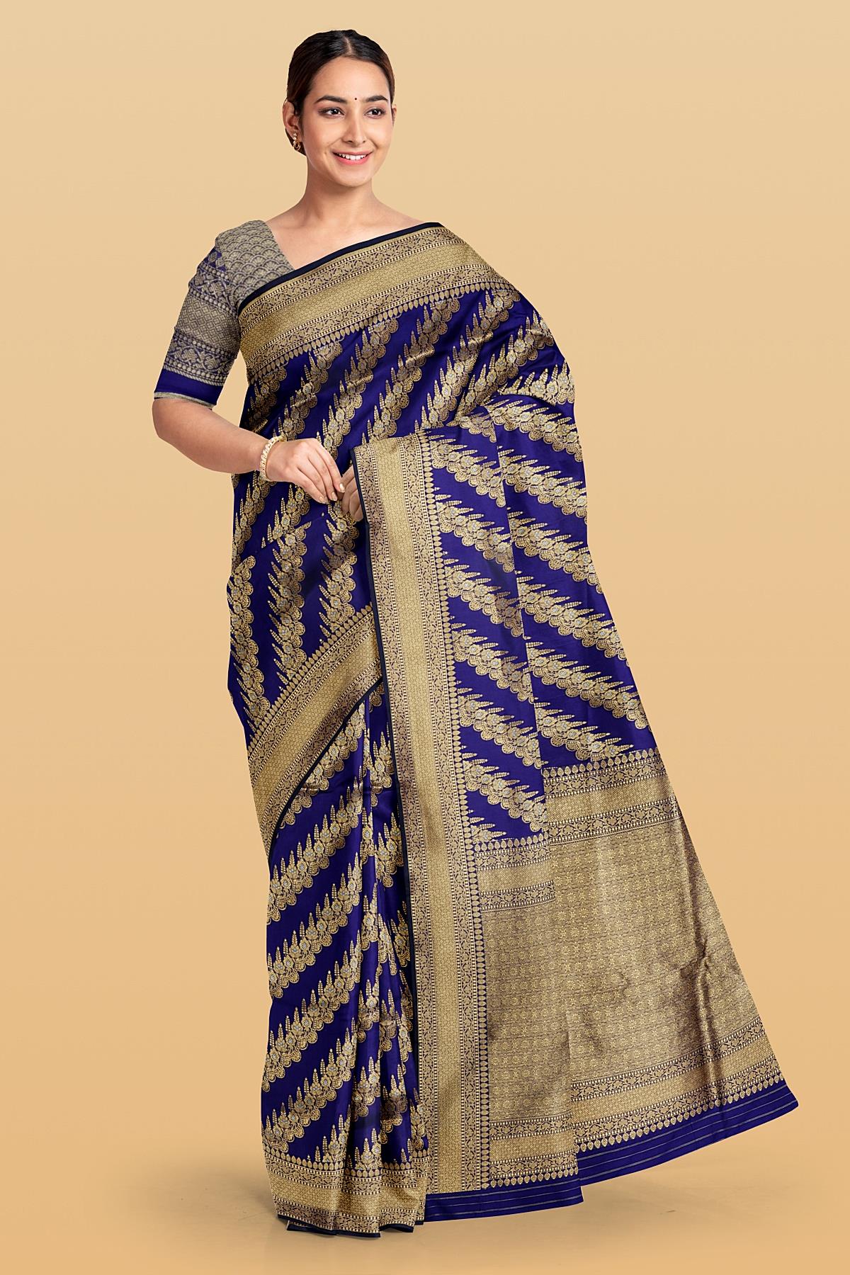 NAVY BLUE and GOLD FLORAL JAAL SILK Saree with BANARASI