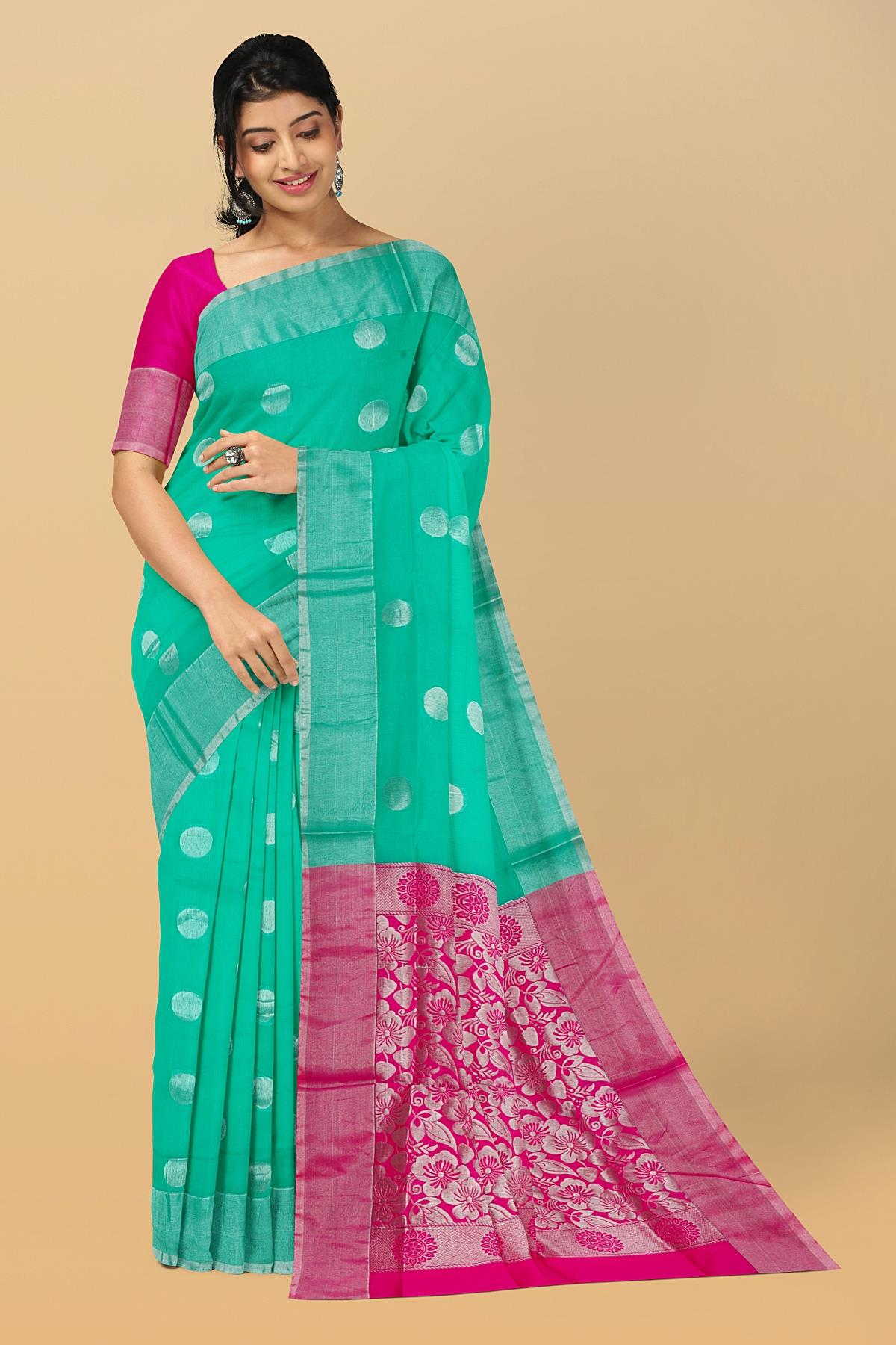 SEA GREEN and DARK PINK POLKA DOTS SICO Saree with CHIRALA