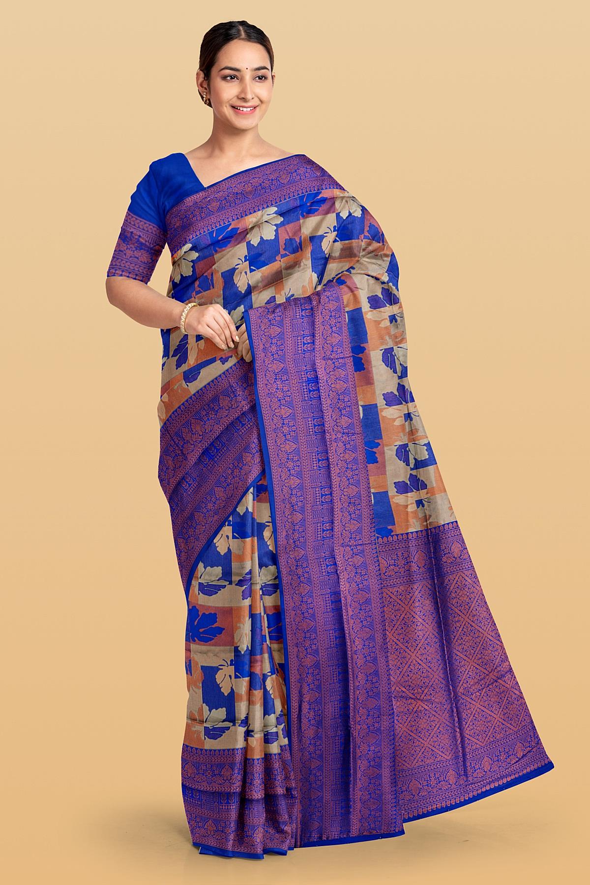 ROYAL BLUE and CREAM DIGITAL PRINT SILK Saree with FANCY