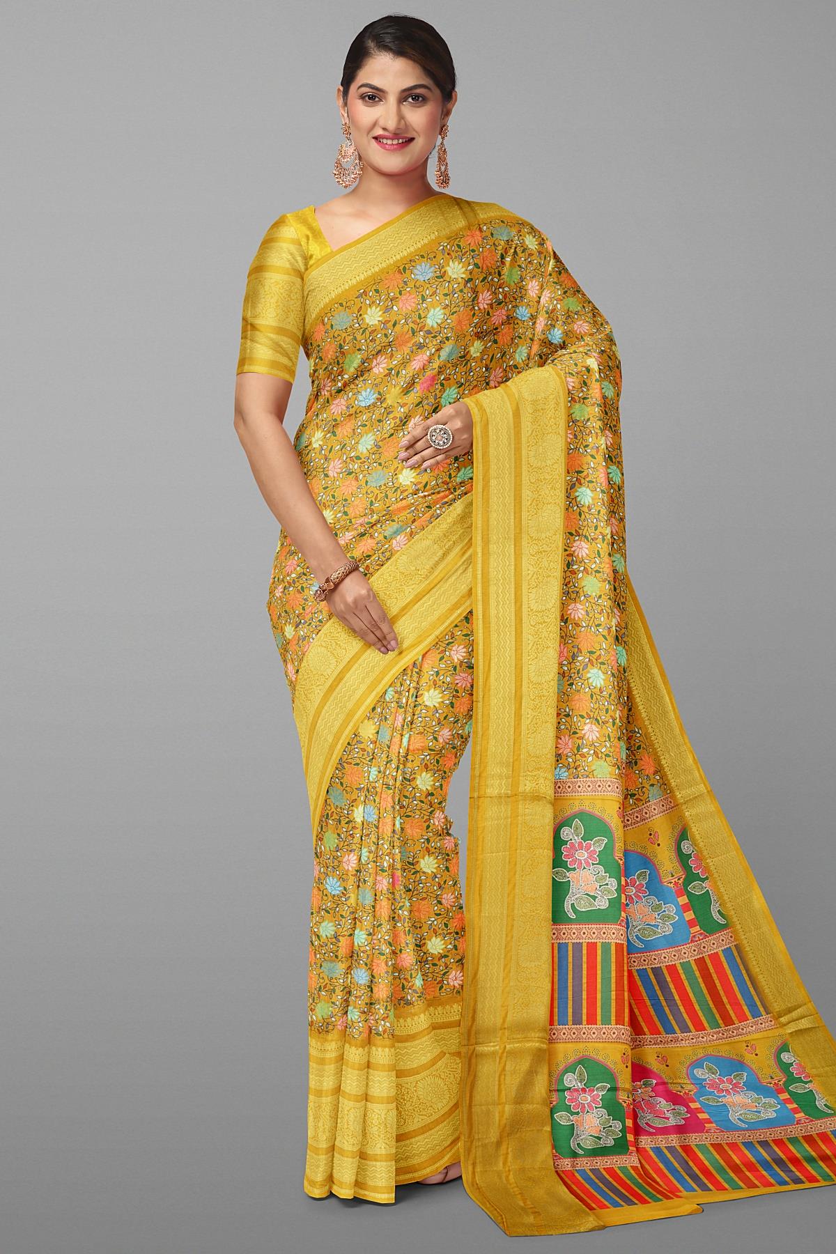 DARK MUSTARD and MULTI FLORALS SILK Saree with FANCY