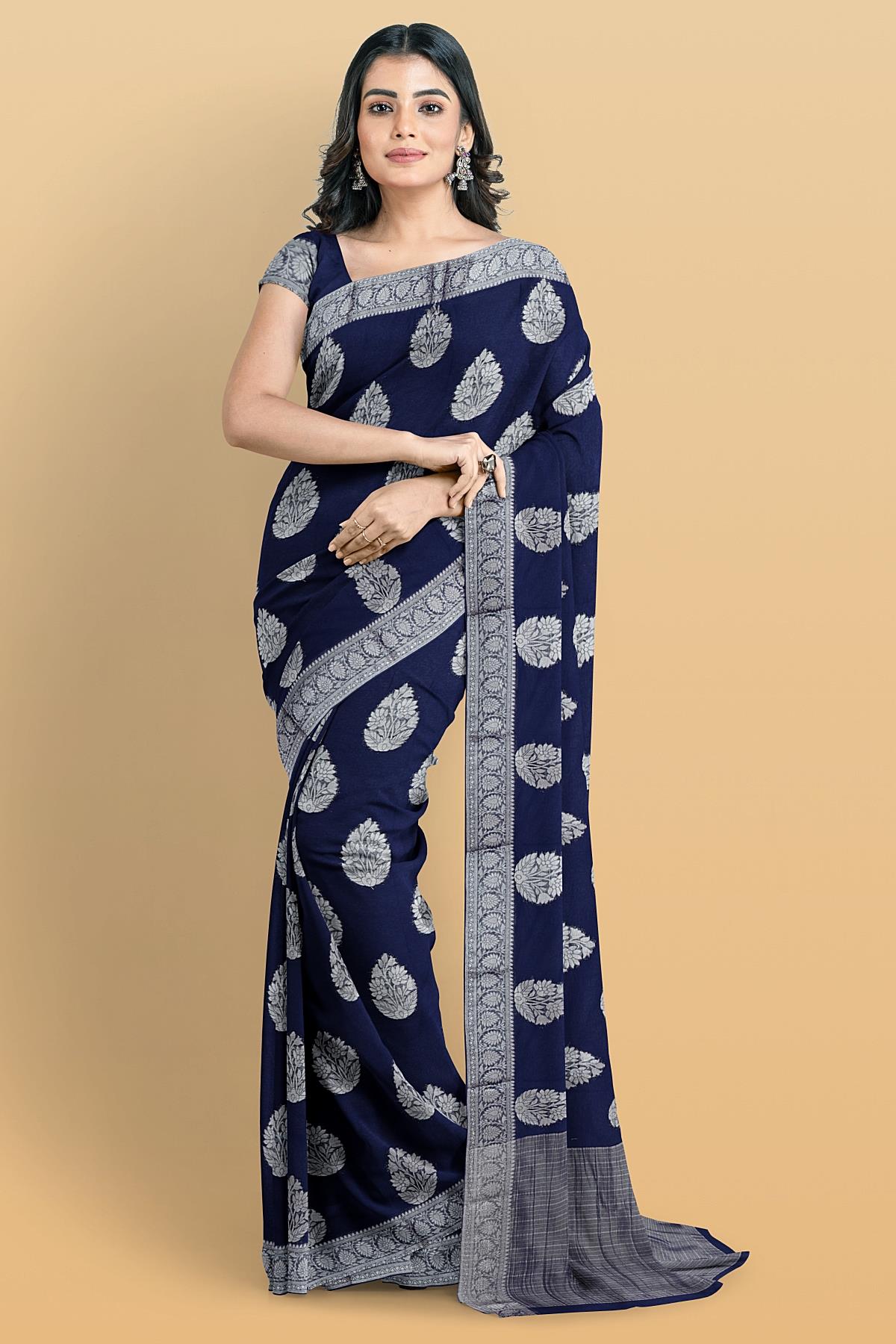 NAVY BLUE and SILVER BUTTIS CHIFFON Saree with BANARASI FANCY