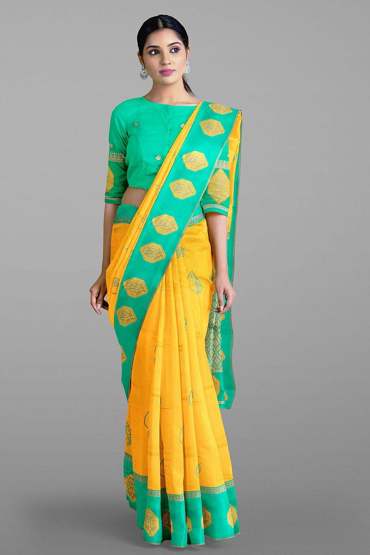 YELLOW and SEA GREEN BROCADE BUTA SILK Saree with KANCHIPURAM