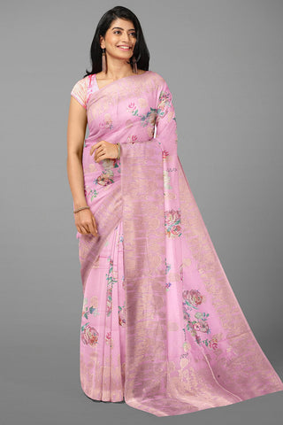 LIGHT PINK and GOLD FLORALS JUTE Saree with FANCY