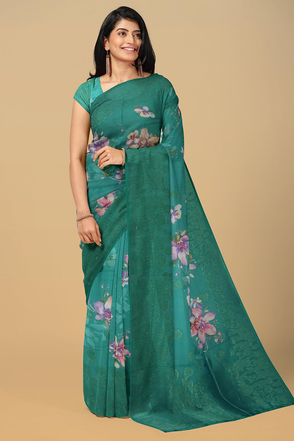 TEAL and MULTI FLORALS JUTE Saree with FANCY