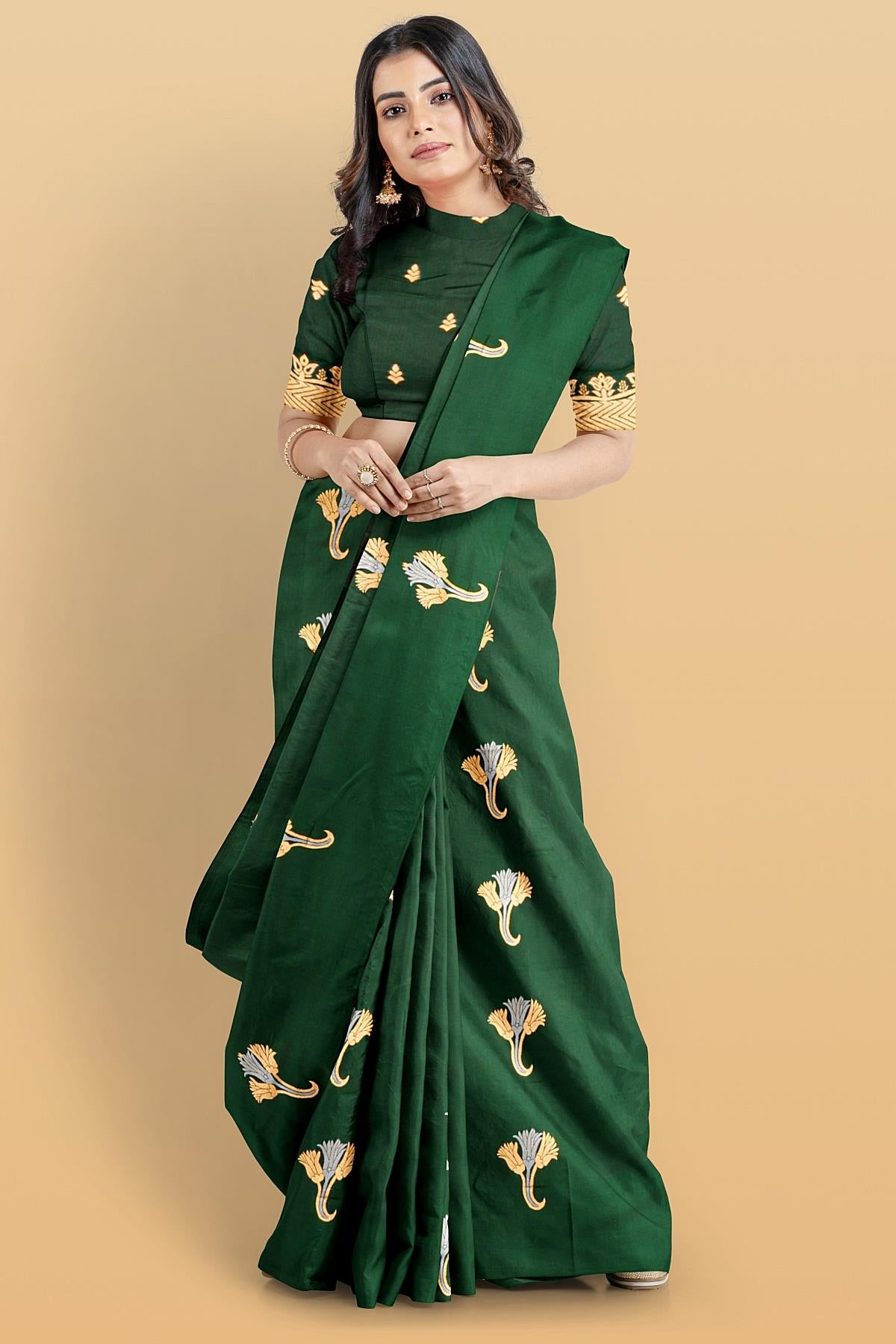 GREEN and GOLD BUTTIS SILK BLEND Saree with SEMI PATTU