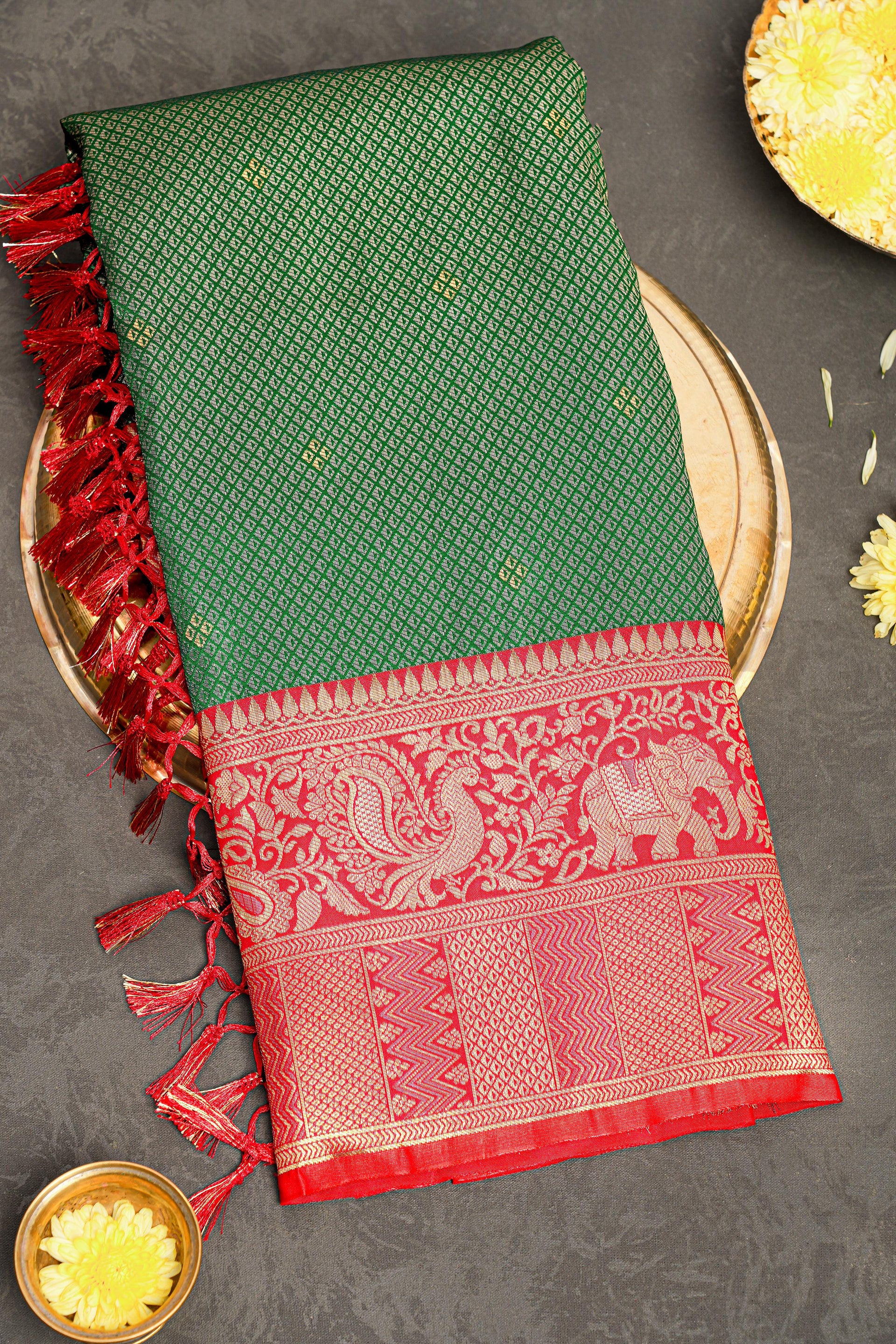 DARK GREEN and RED BROCADE SILK Saree with BANARASI FANCY