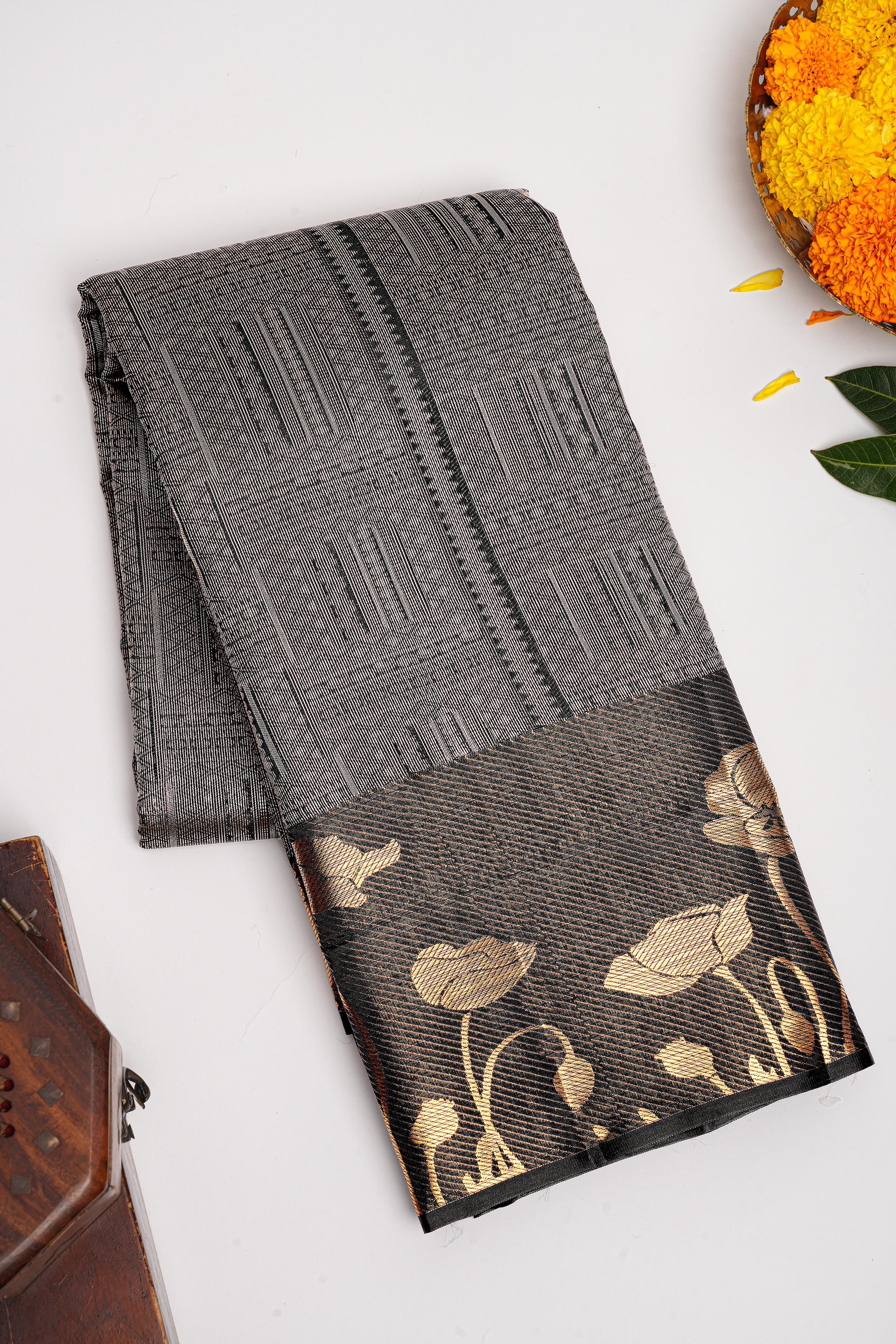 BLACK and GOLD STRIPES SILK BLEND Saree with SEMI PATTU