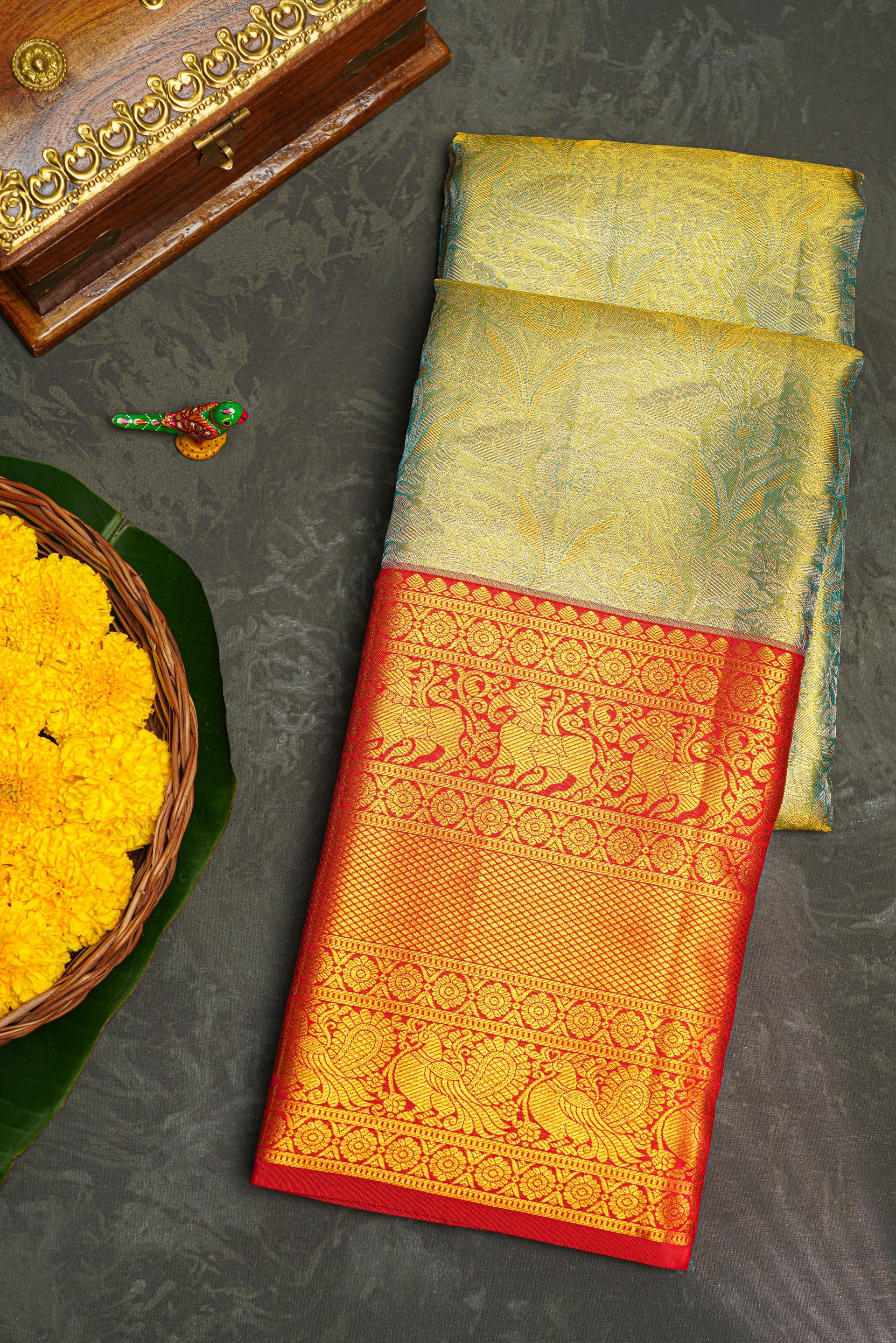 SEA BLUE and RED FLORAL JAAL SILK Saree with KANCHIPURAM