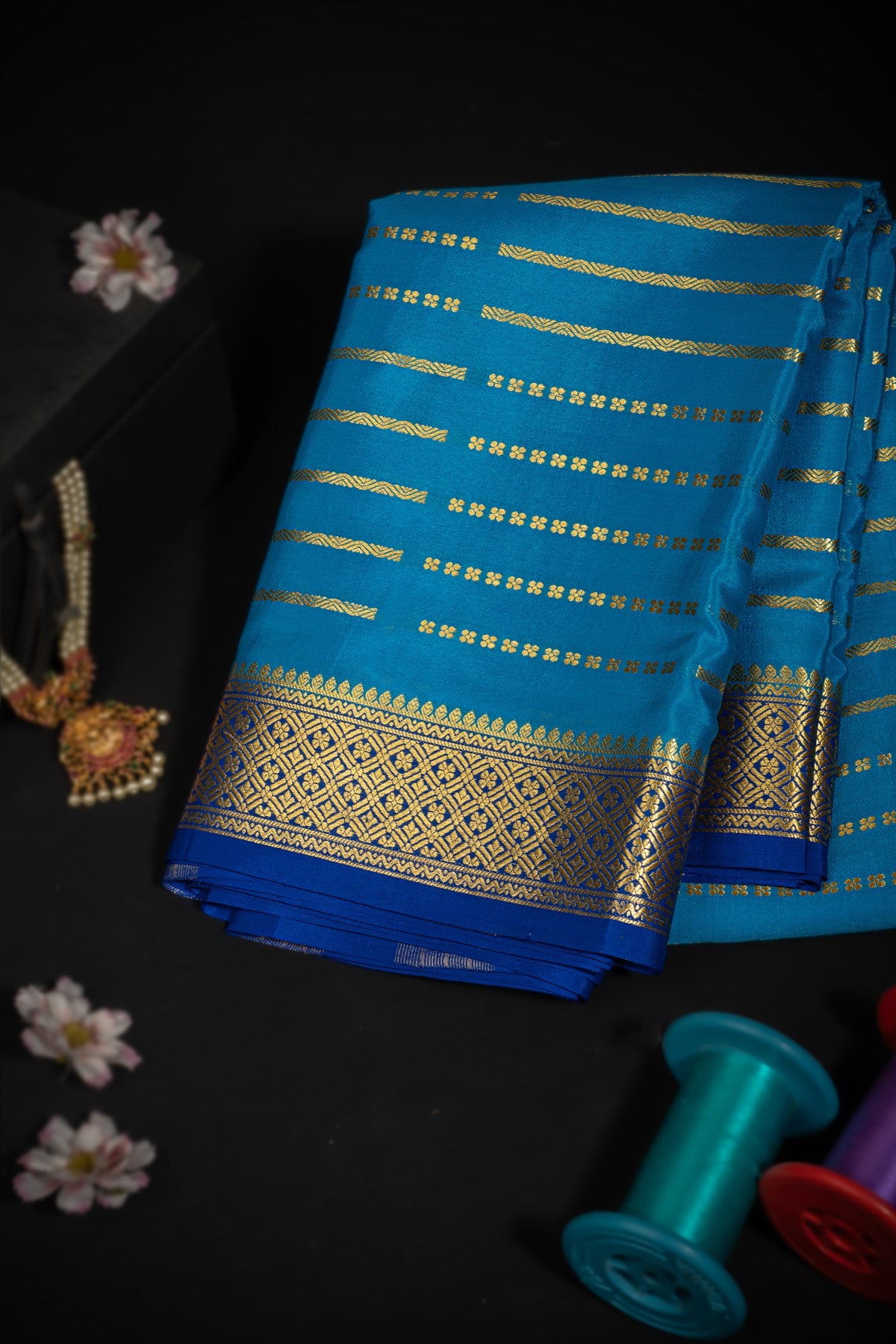 Mysore Crepe Floral Blue Saree