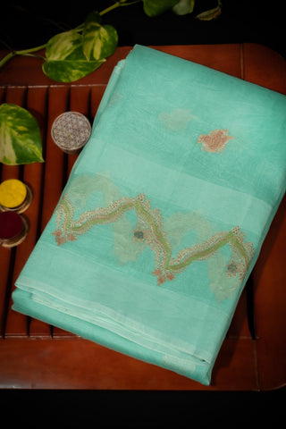 Designer Kora Motifs Aqua Green Saree