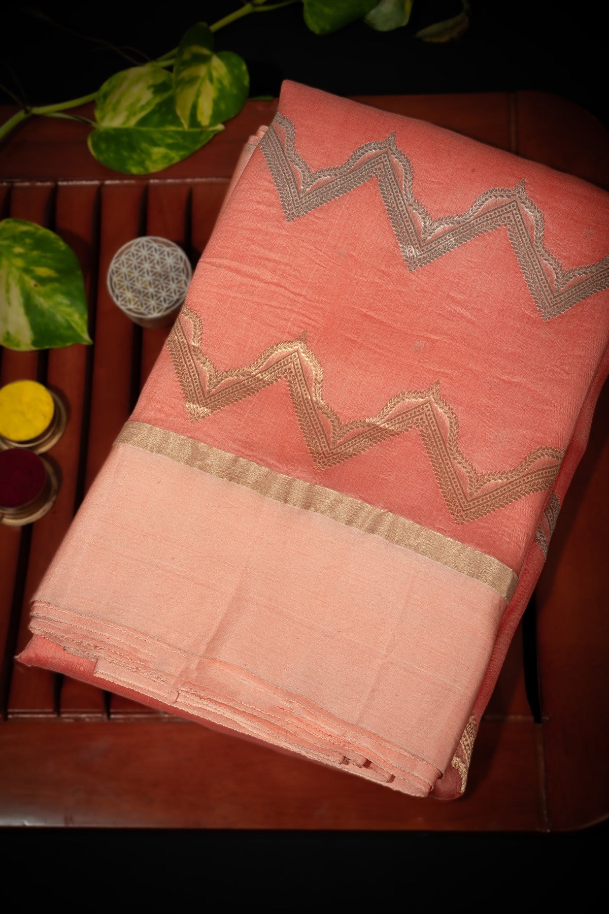 Fancy Kora Zig Zag Lines Peach Saree