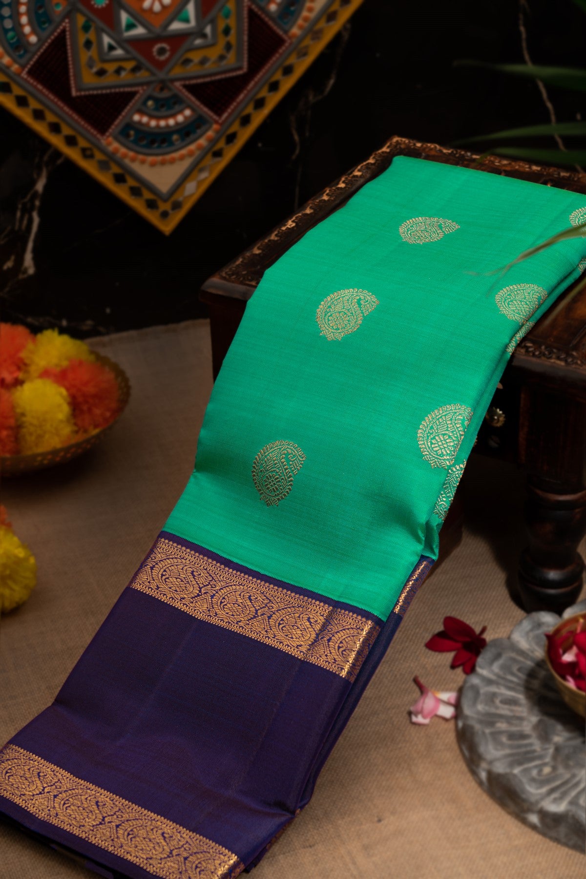 Kancheepuram Silk Paisley Buttis Sea Green Saree